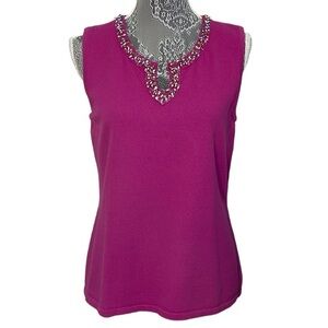 Cable & Gauge Size Large beaded with sequins sleeveless hot‎ pink sweater top.